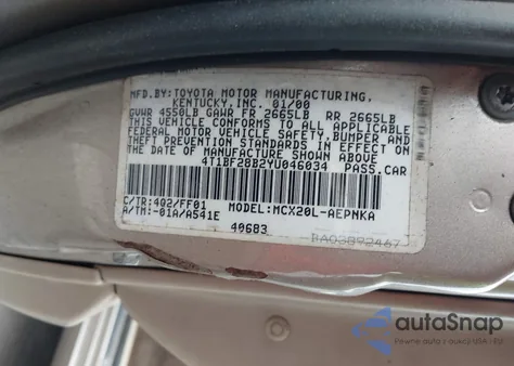 2000 Toyota Avalon Xl z USA, uszkodzony, nr VIN 4T1BF28B2YU046034